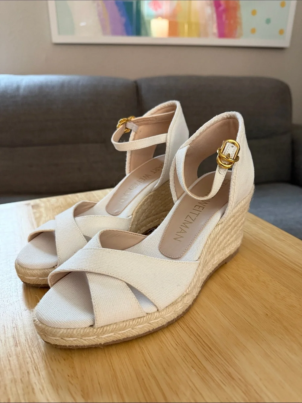 Stuart Weitzman Neutral Linen Crisscross Ankle Strap Wedges - Picture 2 of 5